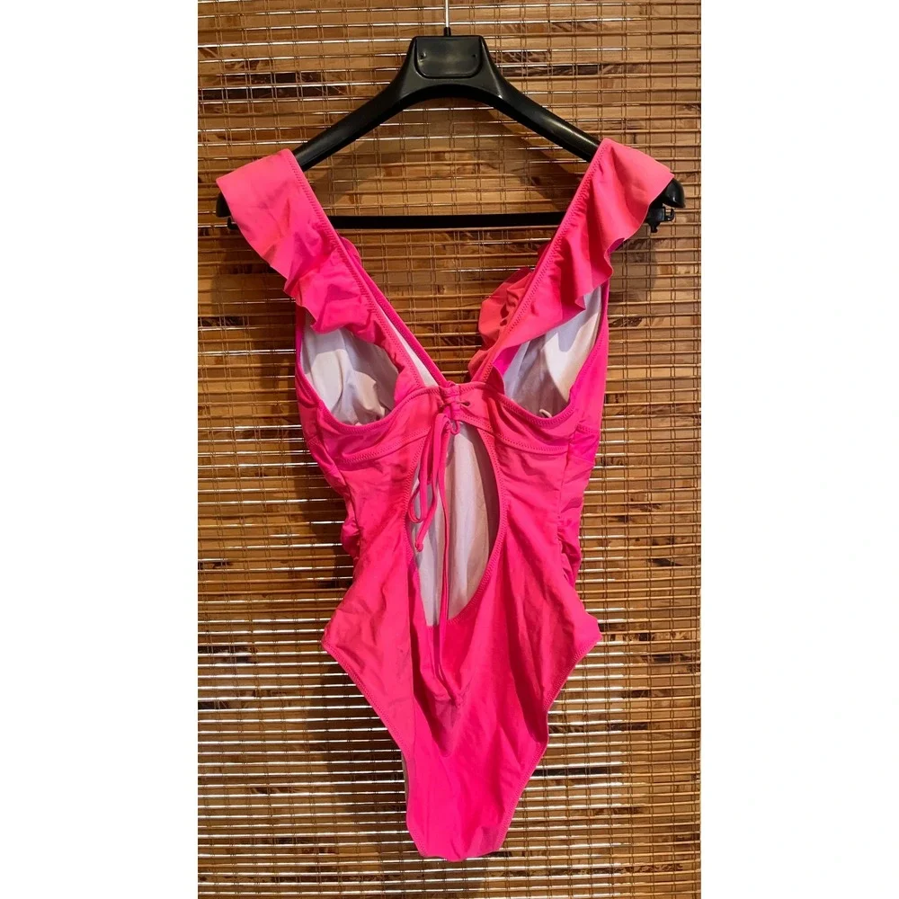 Annbon Womens XL One Piece Swimsuit Hot Pink‎ Ruffle V-Neck  Ruched Lace Up Back